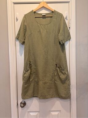 Click By Color Me Linen Dress Women’s Med Green Pockets Relaxed Lagenlook Beach